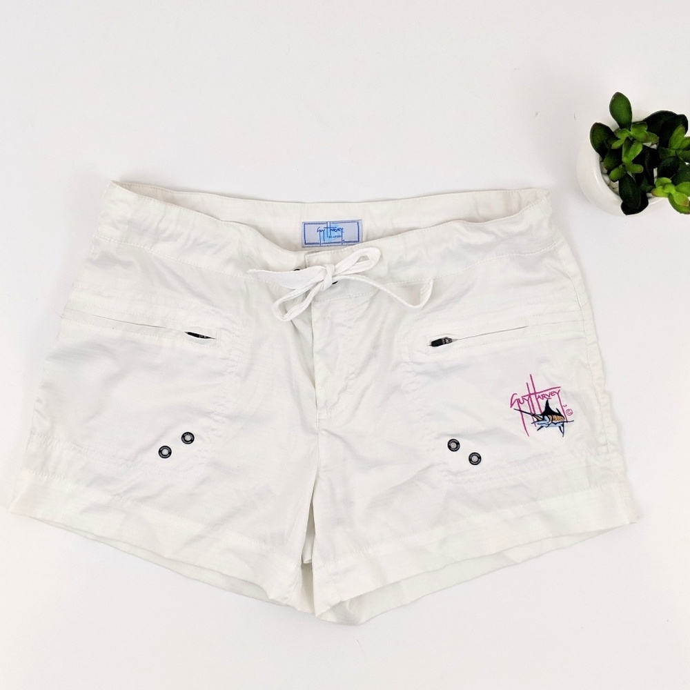 *guy harvey* white boat, water, beach shorts